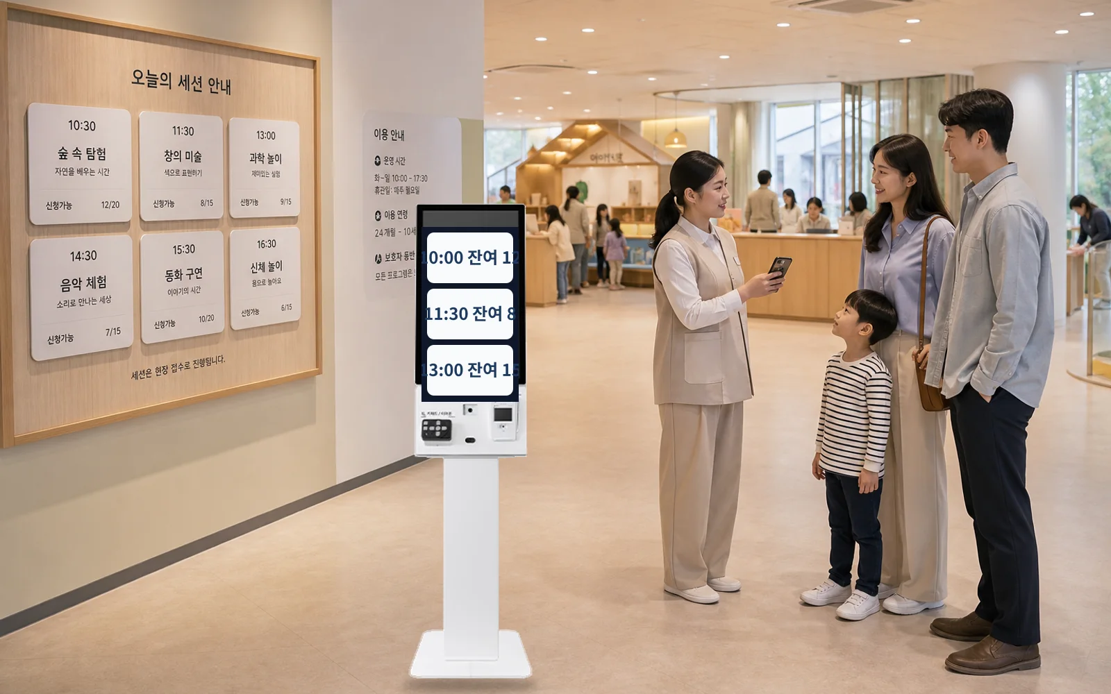 한국인 가족이 체험 회차를 선택하고 직원이 QR 입장권을 검표하는 운영 장면